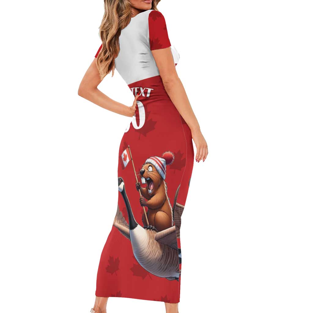 Custom Canada Rugby Short Sleeve Bodycon Dress Beaver Riding A Goose - Wonder Print Shop
