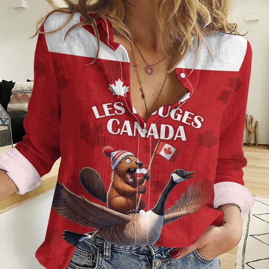 Custom Canada Rugby Women Casual Shirt Beaver Riding A Goose - Wonder Print Shop