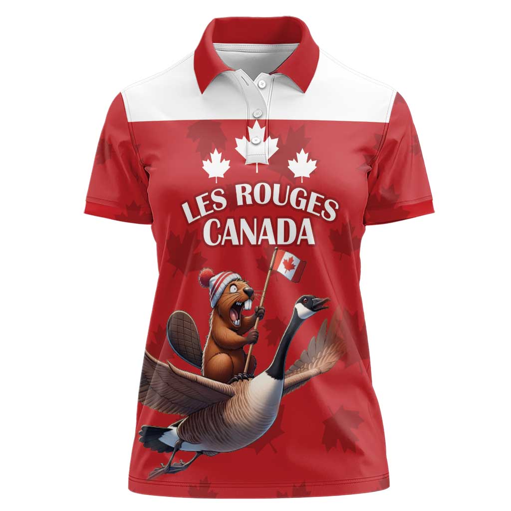 Custom Canada Rugby Women Polo Shirt Beaver Riding A Goose - Wonder Print Shop