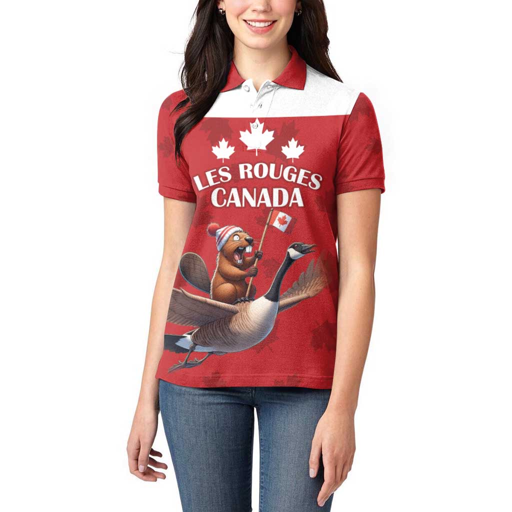 Custom Canada Rugby Women Polo Shirt Beaver Riding A Goose - Wonder Print Shop