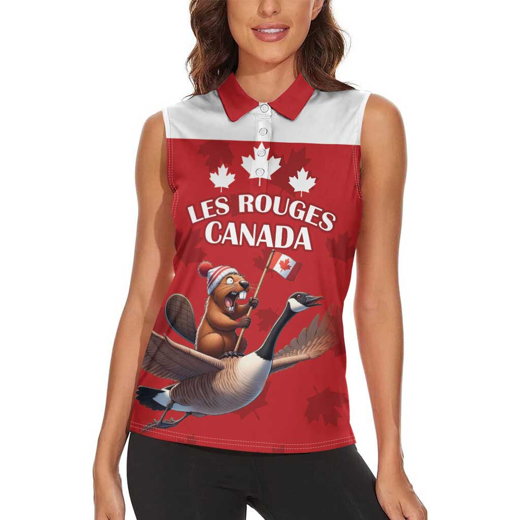 Custom Canada Rugby Women Sleeveless Polo Shirt Beaver Riding A Goose - Wonder Print Shop