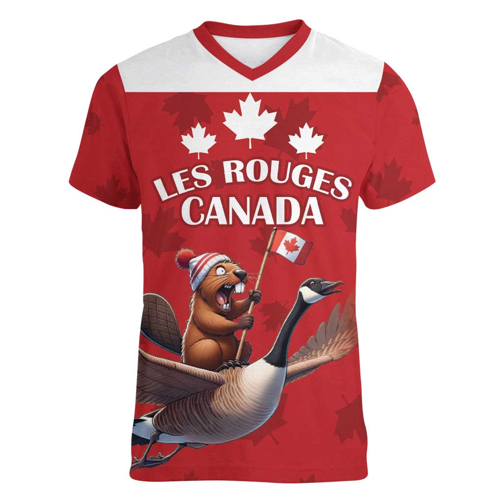 Custom Canada Rugby Women V-Neck T-Shirt Beaver Riding A Goose - Wonder Print Shop