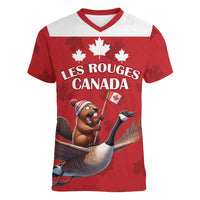 Custom Canada Rugby Women V-Neck T-Shirt Beaver Riding A Goose - Wonder Print Shop