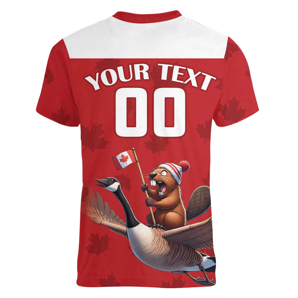 Custom Canada Rugby Women V-Neck T-Shirt Beaver Riding A Goose - Wonder Print Shop