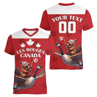Custom Canada Rugby Women V-Neck T-Shirt Beaver Riding A Goose - Wonder Print Shop