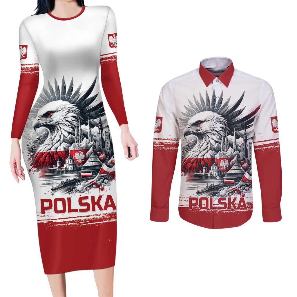 Poland Independence Day Couples Matching Long Sleeve Bodycon Dress and Long Sleeve Button Shirt Polska Eagle Proud To Be Polish - Wonder Print Shop