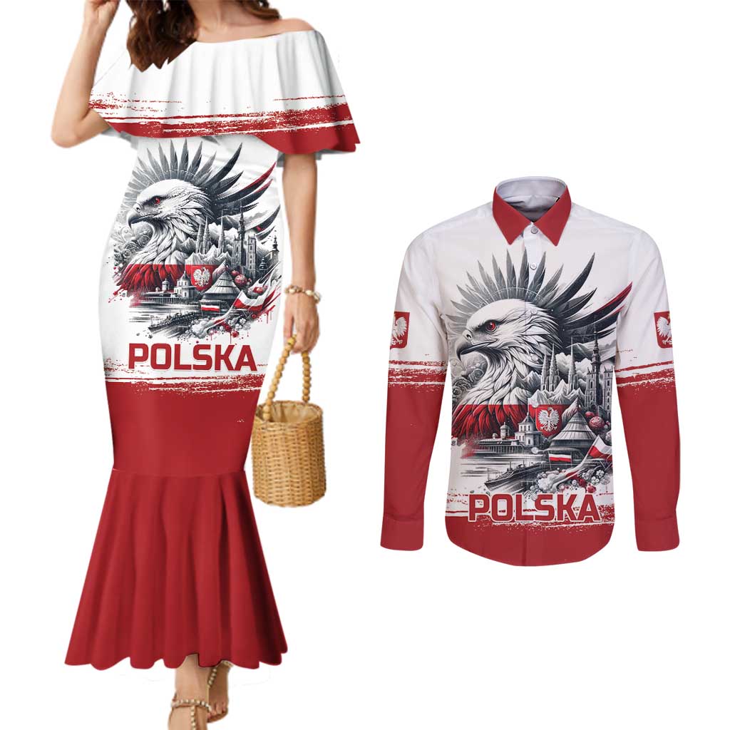 Poland Independence Day Couples Matching Mermaid Dress and Long Sleeve Button Shirt Polska Eagle Proud To Be Polish - Wonder Print Shop