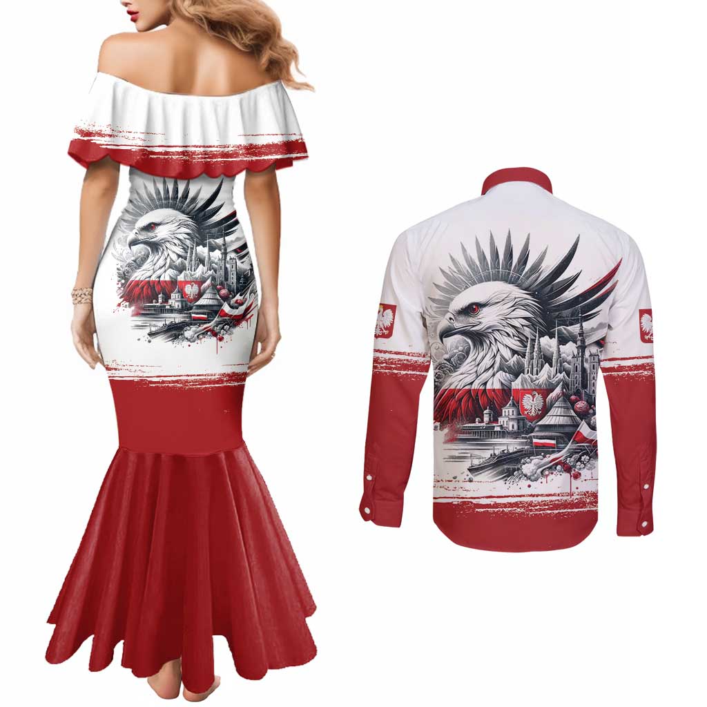 Poland Independence Day Couples Matching Mermaid Dress and Long Sleeve Button Shirt Polska Eagle Proud To Be Polish - Wonder Print Shop