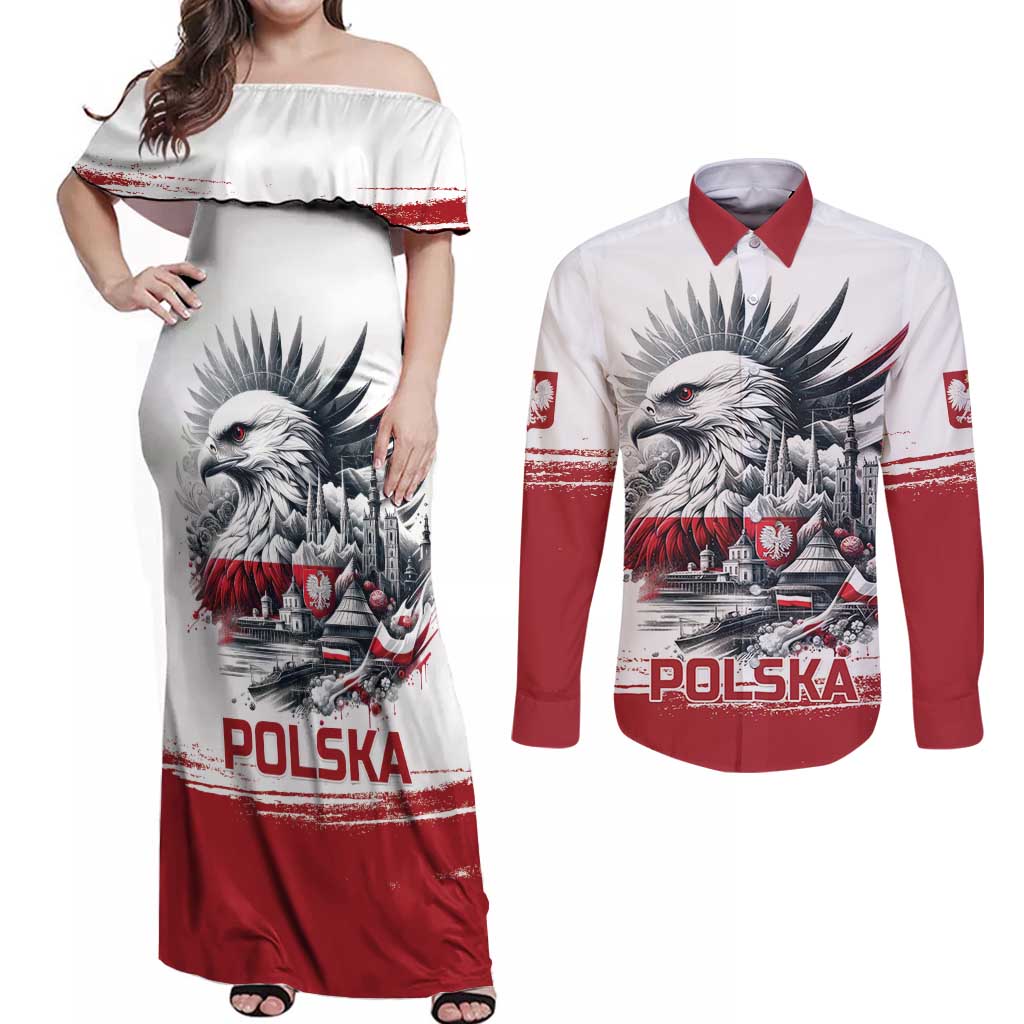 Poland Independence Day Couples Matching Off Shoulder Maxi Dress and Long Sleeve Button Shirt Polska Eagle Proud To Be Polish - Wonder Print Shop