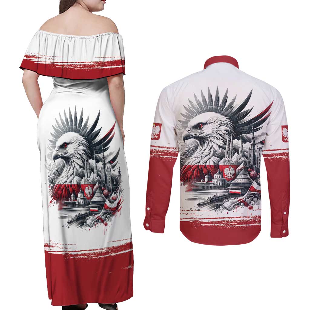 Poland Independence Day Couples Matching Off Shoulder Maxi Dress and Long Sleeve Button Shirt Polska Eagle Proud To Be Polish - Wonder Print Shop