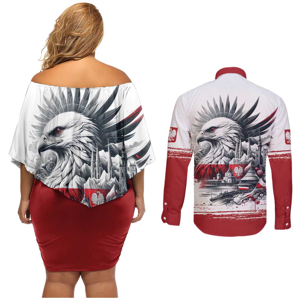 Poland Independence Day Couples Matching Off Shoulder Short Dress and Long Sleeve Button Shirt Polska Eagle Proud To Be Polish - Wonder Print Shop