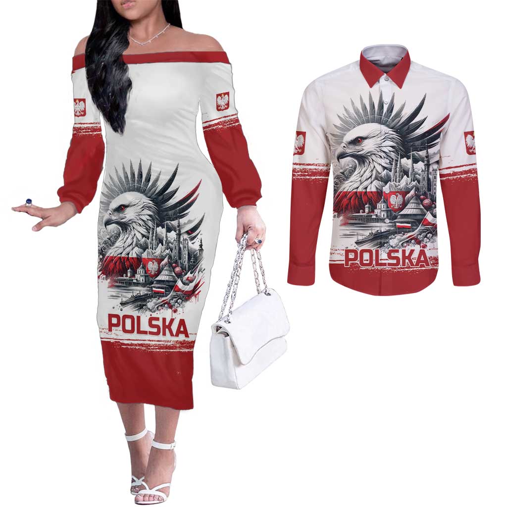 Poland Independence Day Couples Matching Off The Shoulder Long Sleeve Dress and Long Sleeve Button Shirt Polska Eagle Proud To Be Polish - Wonder Print Shop