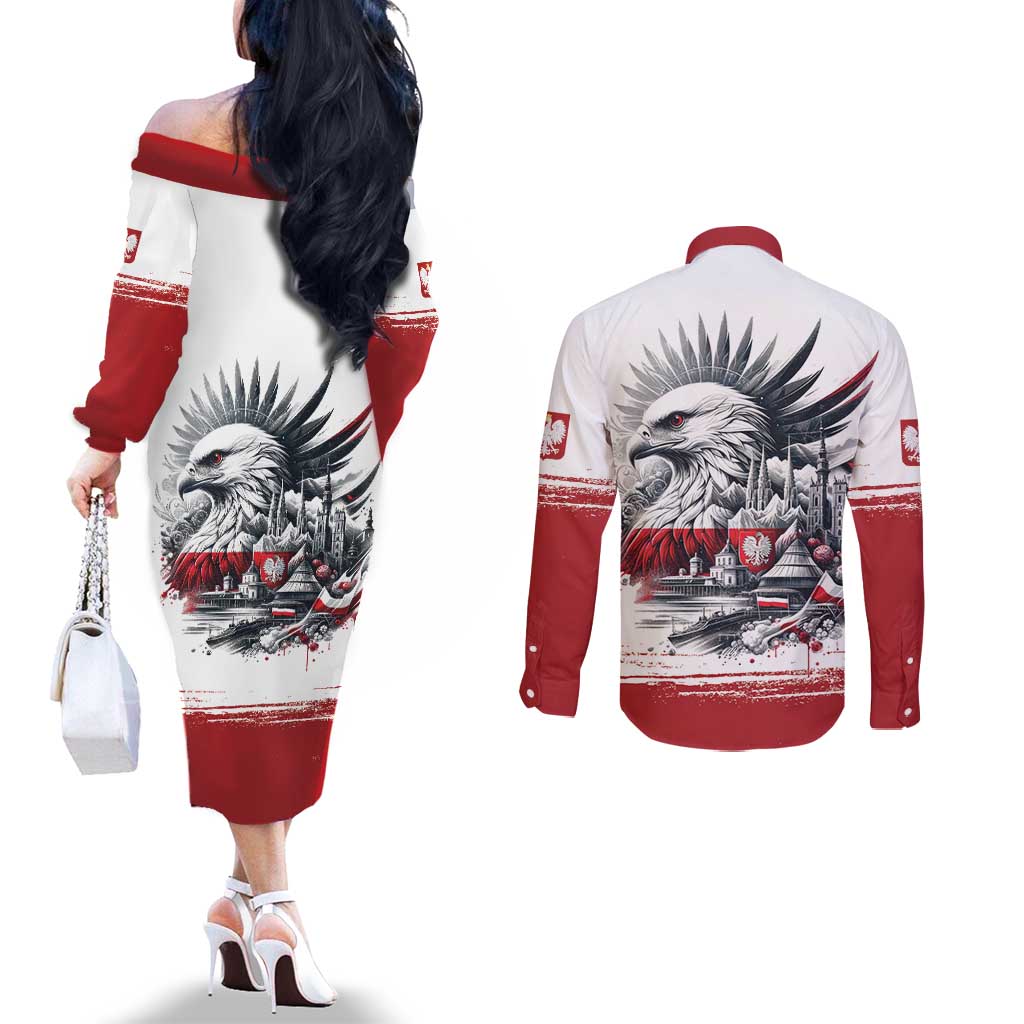 Poland Independence Day Couples Matching Off The Shoulder Long Sleeve Dress and Long Sleeve Button Shirt Polska Eagle Proud To Be Polish - Wonder Print Shop