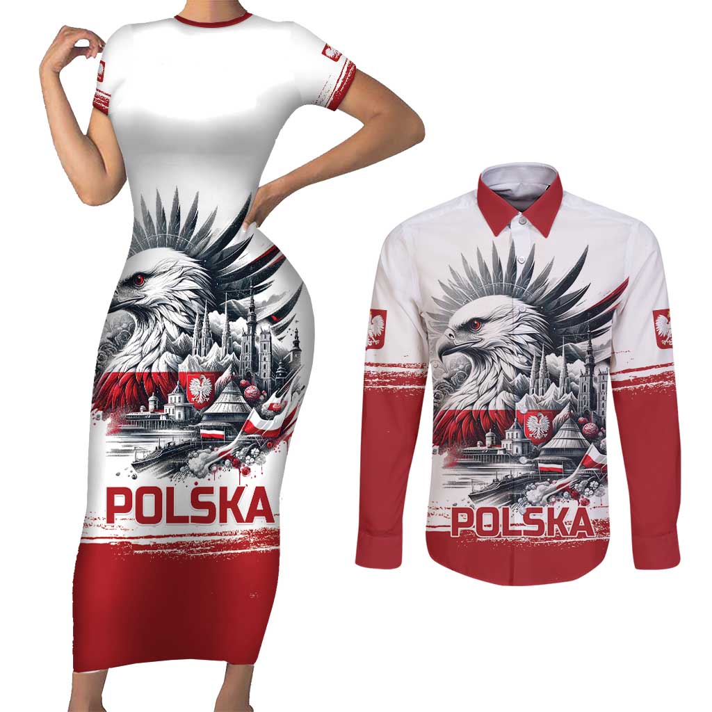 Poland Independence Day Couples Matching Short Sleeve Bodycon Dress and Long Sleeve Button Shirt Polska Eagle Proud To Be Polish - Wonder Print Shop