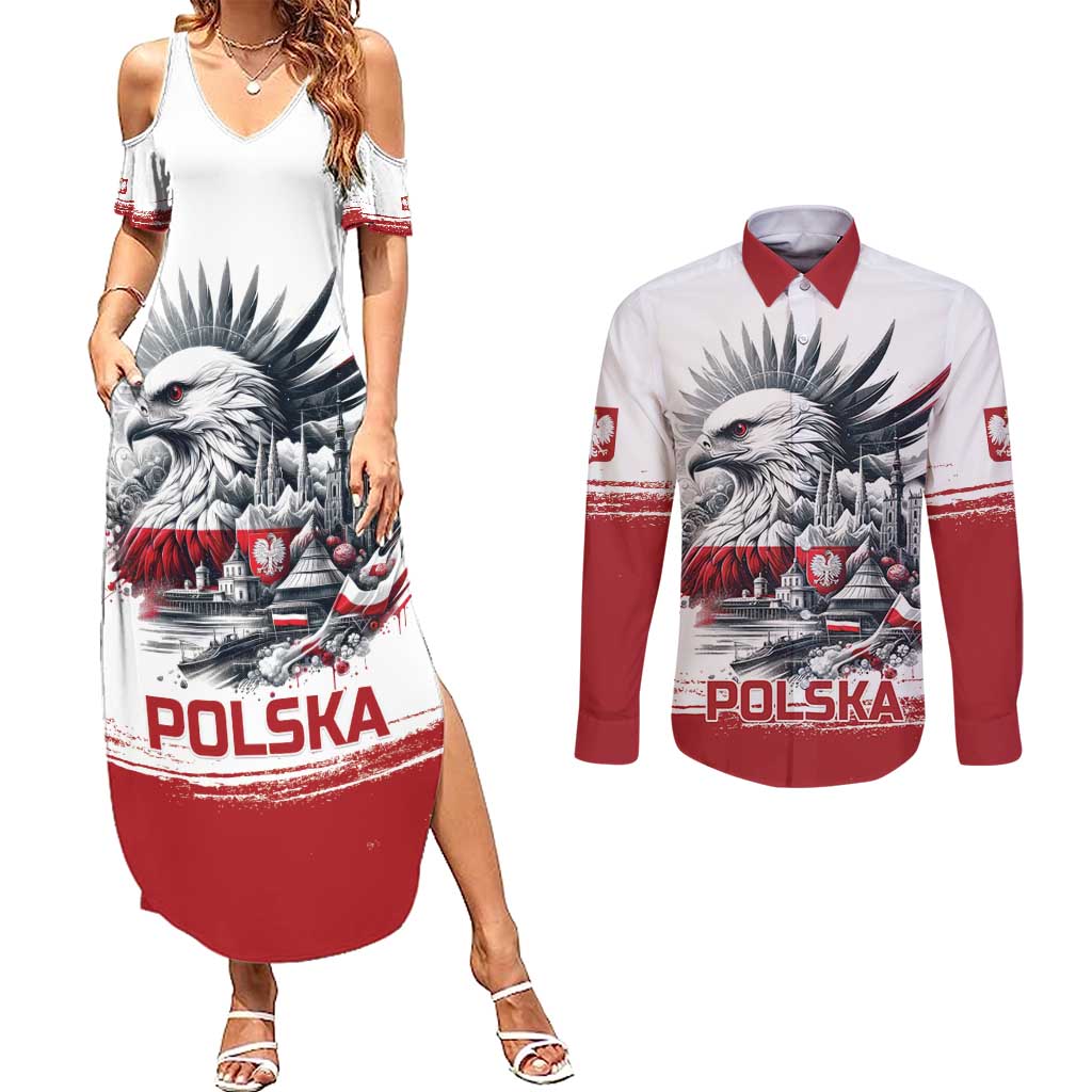 Poland Independence Day Couples Matching Summer Maxi Dress and Long Sleeve Button Shirt Polska Eagle Proud To Be Polish - Wonder Print Shop