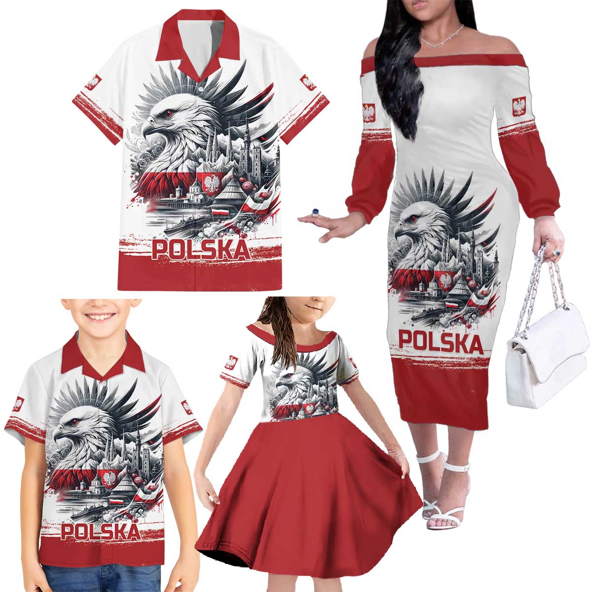 Poland Independence Day Family Matching Off The Shoulder Long Sleeve Dress and Hawaiian Shirt Polska Eagle Proud To Be Polish - Wonder Print Shop