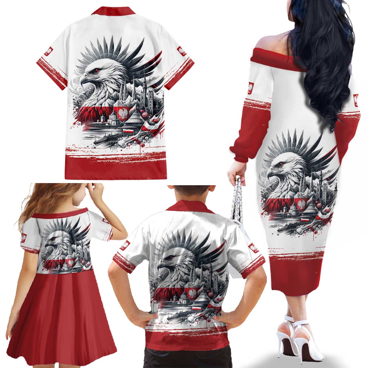 Poland Independence Day Family Matching Off The Shoulder Long Sleeve Dress and Hawaiian Shirt Polska Eagle Proud To Be Polish - Wonder Print Shop