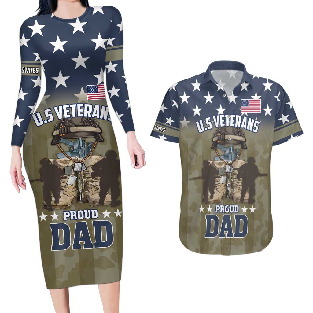 Personalized Veterans Day 2024 Couples Matching Long Sleeve Bodycon Dress and Hawaiian Shirt U.S Veterans Proud Dad - Wonder Print Shop