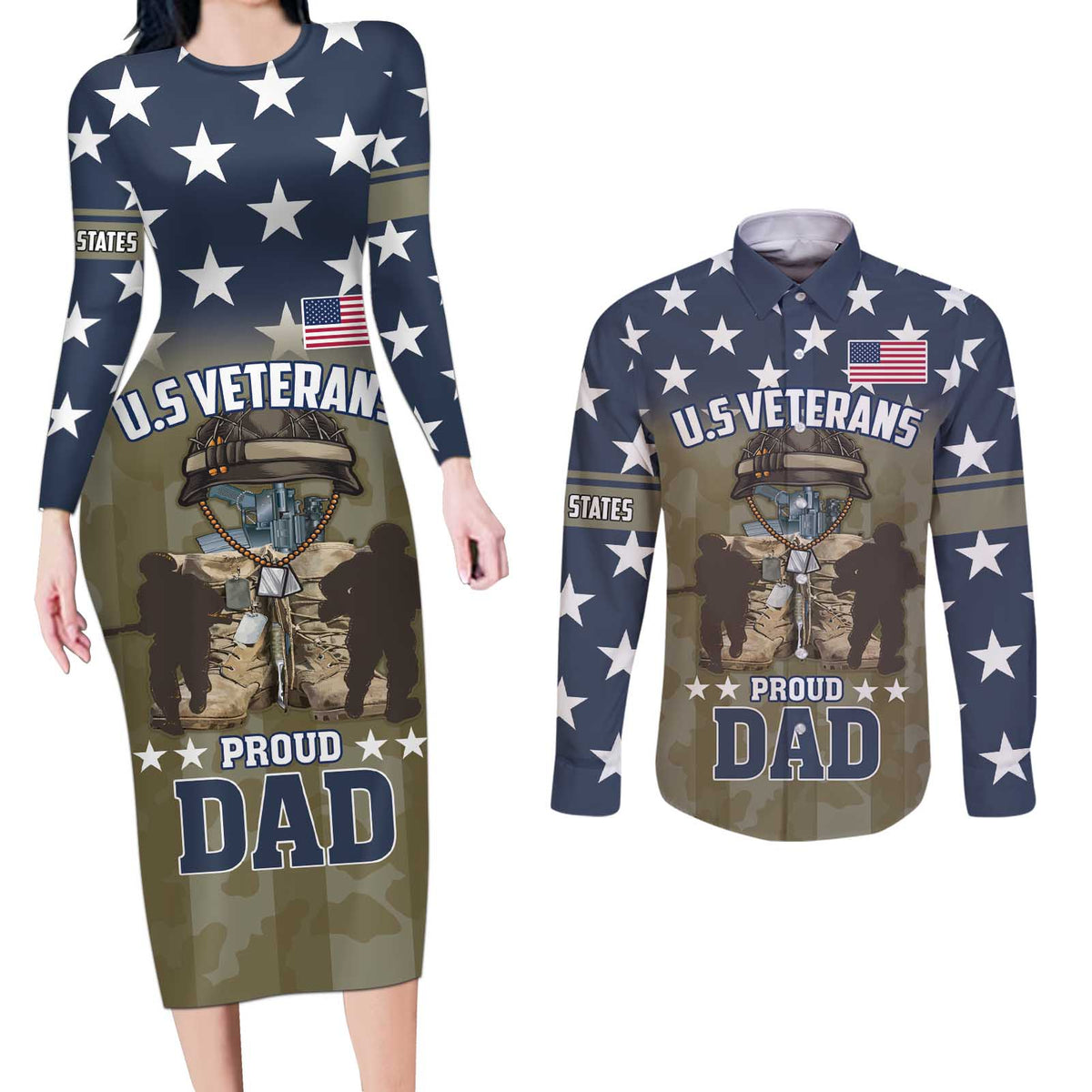 Personalized Veterans Day 2024 Couples Matching Long Sleeve Bodycon Dress and Long Sleeve Button Shirt U.S Veterans Proud Dad - Wonder Print Shop