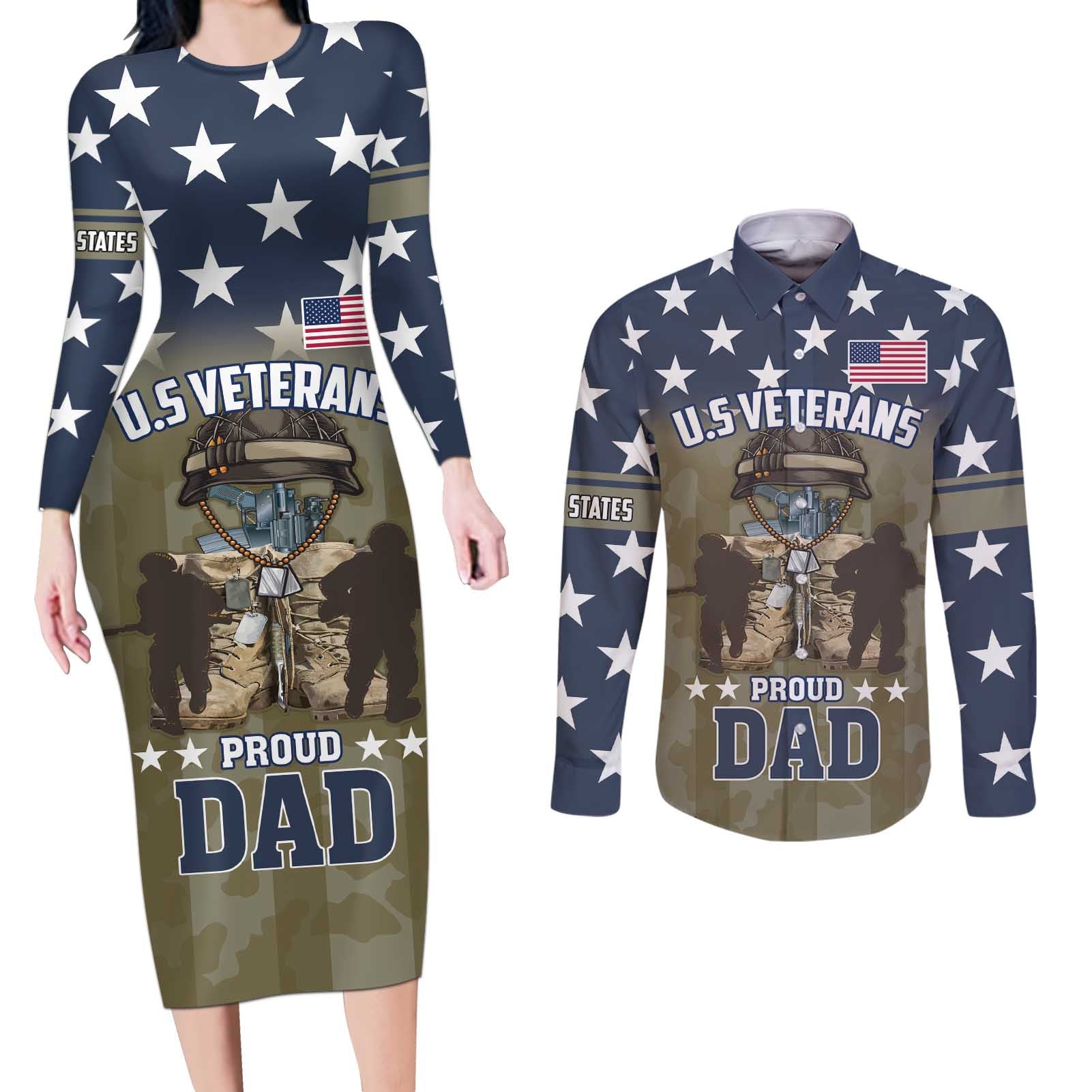 Personalized Veterans Day 2024 Couples Matching Long Sleeve Bodycon Dress and Long Sleeve Button Shirt U.S Veterans Proud Dad - Wonder Print Shop