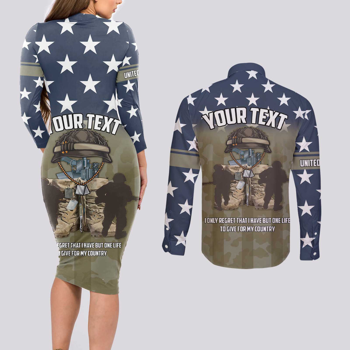 Personalized Veterans Day 2024 Couples Matching Long Sleeve Bodycon Dress and Long Sleeve Button Shirt U.S Veterans Proud Dad - Wonder Print Shop
