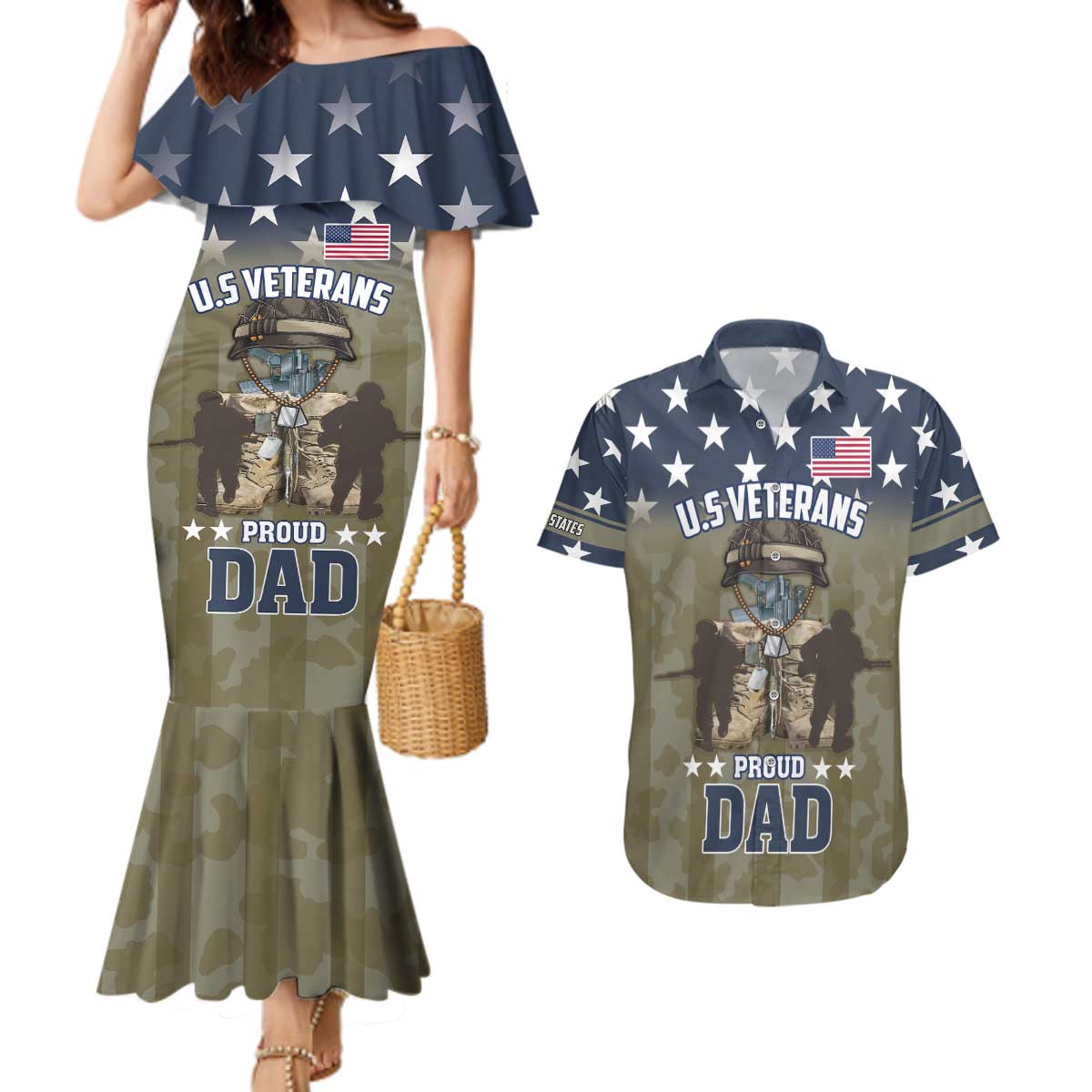 Personalized Veterans Day 2024 Couples Matching Mermaid Dress and Hawaiian Shirt U.S Veterans Proud Dad - Wonder Print Shop