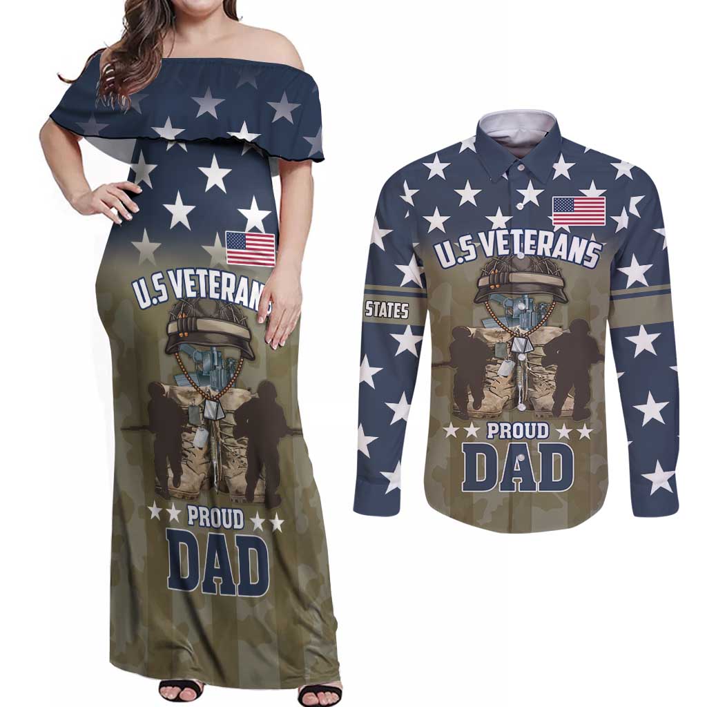 Personalized Veterans Day 2024 Couples Matching Off Shoulder Maxi Dress and Long Sleeve Button Shirt U.S Veterans Proud Dad - Wonder Print Shop