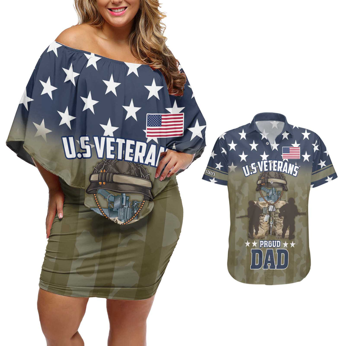 Personalized Veterans Day 2024 Couples Matching Off Shoulder Short Dress and Hawaiian Shirt U.S Veterans Proud Dad - Wonder Print Shop
