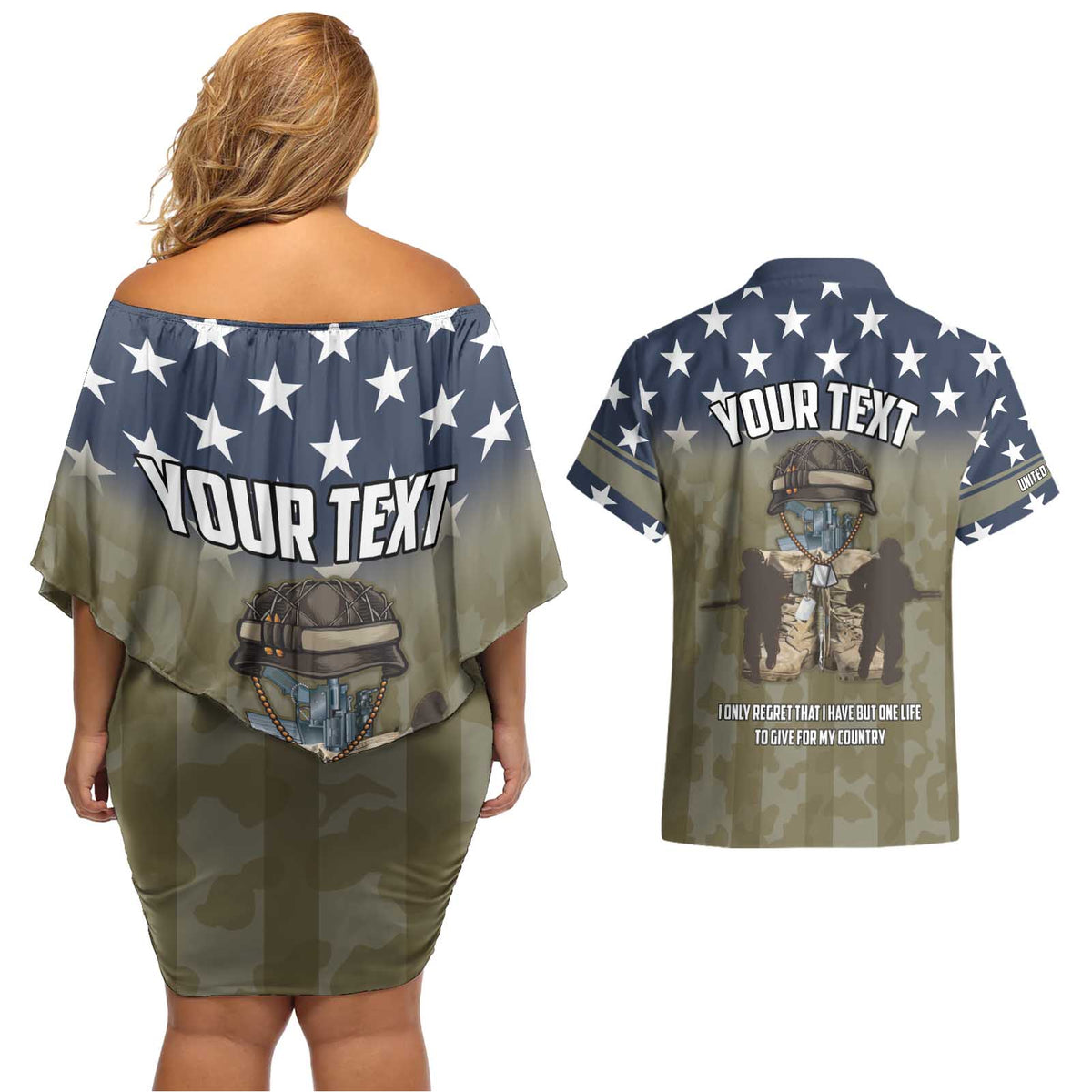 Personalized Veterans Day 2024 Couples Matching Off Shoulder Short Dress and Hawaiian Shirt U.S Veterans Proud Dad - Wonder Print Shop