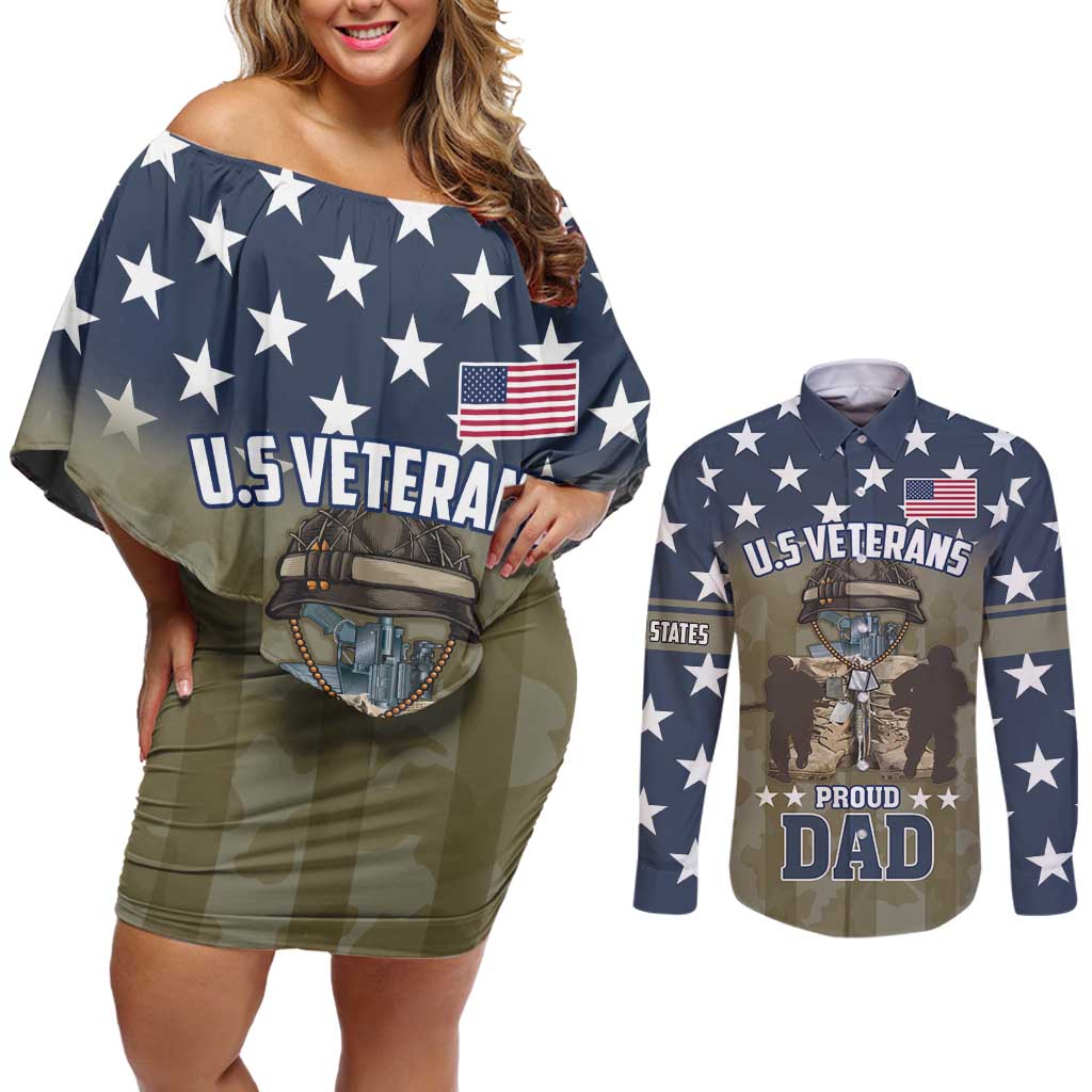 Personalized Veterans Day 2024 Couples Matching Off Shoulder Short Dress and Long Sleeve Button Shirt U.S Veterans Proud Dad - Wonder Print Shop