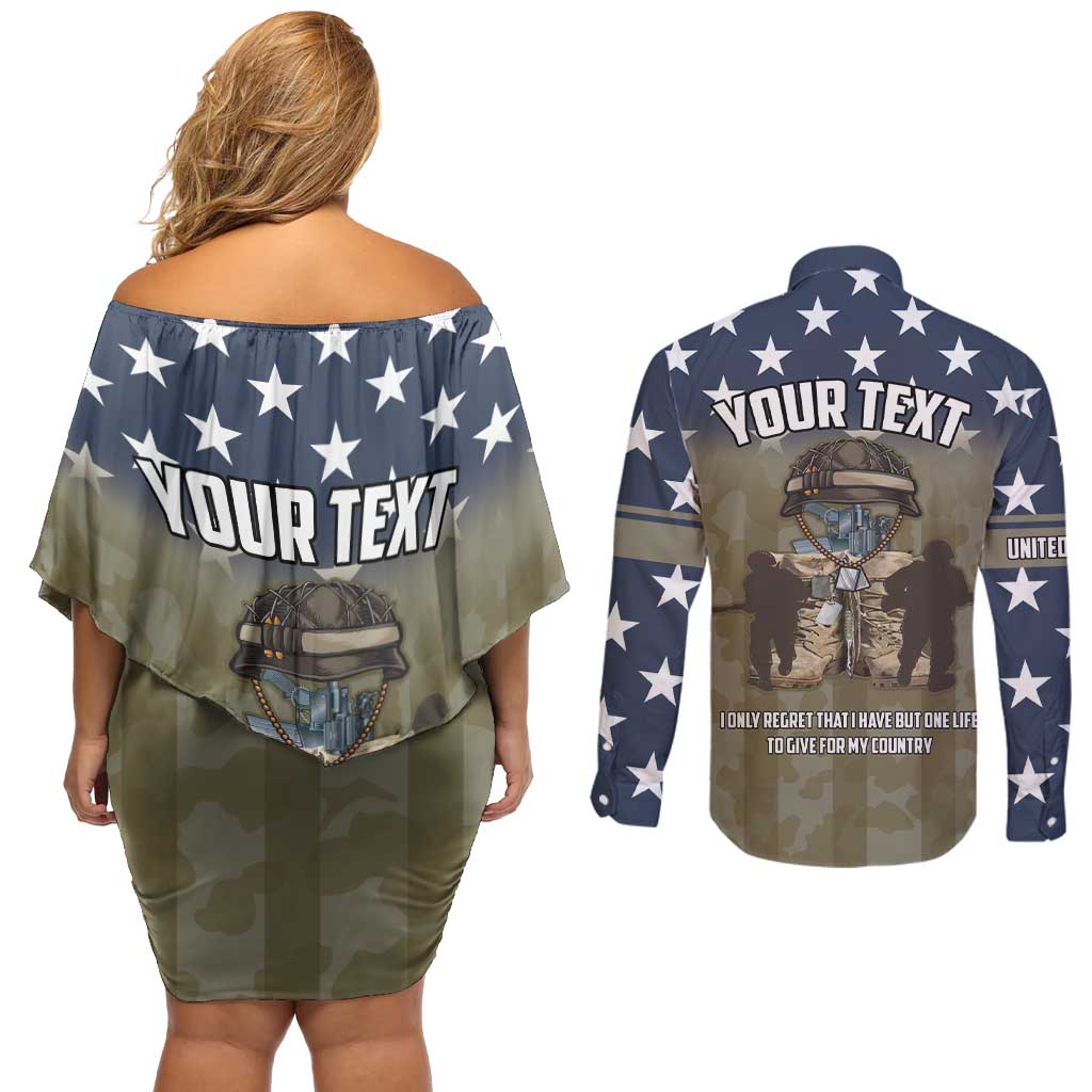 Personalized Veterans Day 2024 Couples Matching Off Shoulder Short Dress and Long Sleeve Button Shirt U.S Veterans Proud Dad - Wonder Print Shop