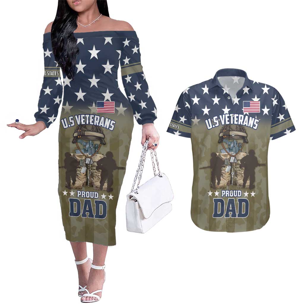 Personalized Veterans Day 2024 Couples Matching Off The Shoulder Long Sleeve Dress and Hawaiian Shirt U.S Veterans Proud Dad - Wonder Print Shop