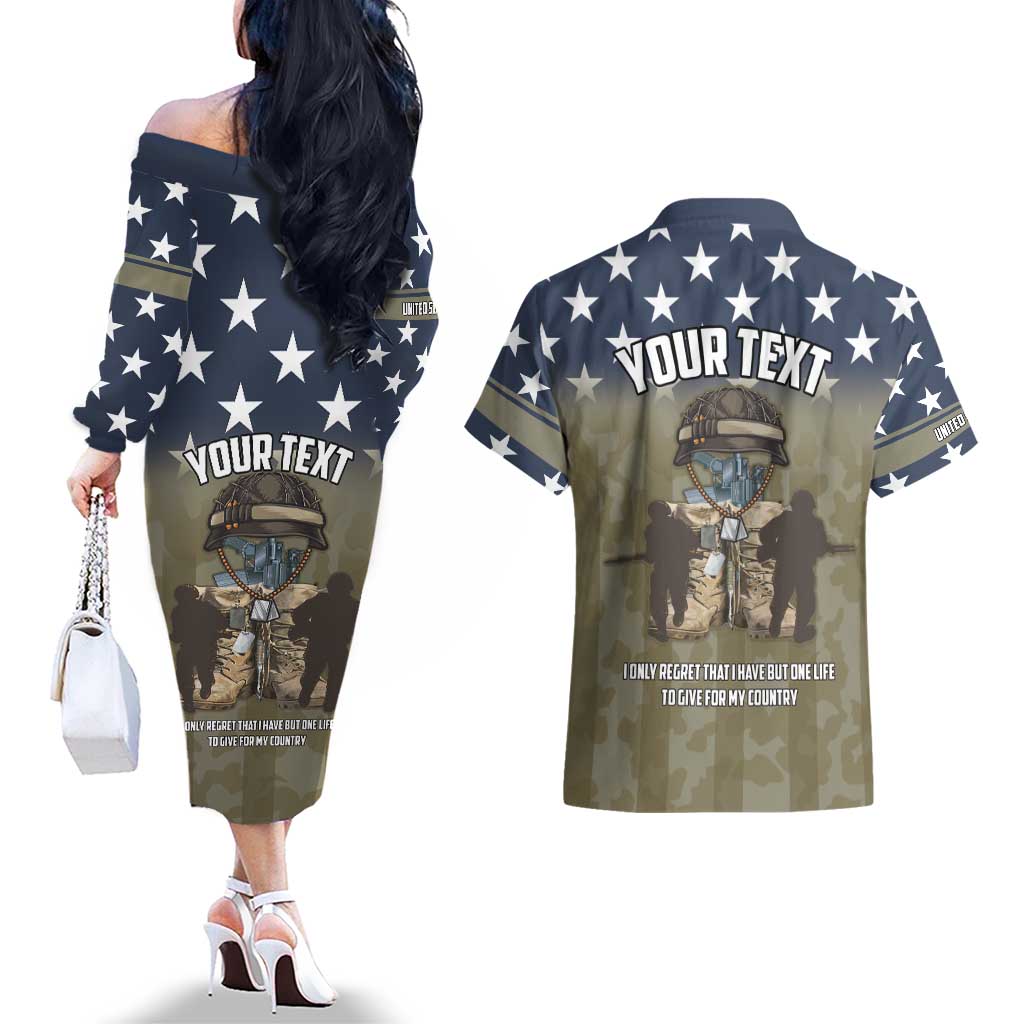 Personalized Veterans Day 2024 Couples Matching Off The Shoulder Long Sleeve Dress and Hawaiian Shirt U.S Veterans Proud Dad - Wonder Print Shop