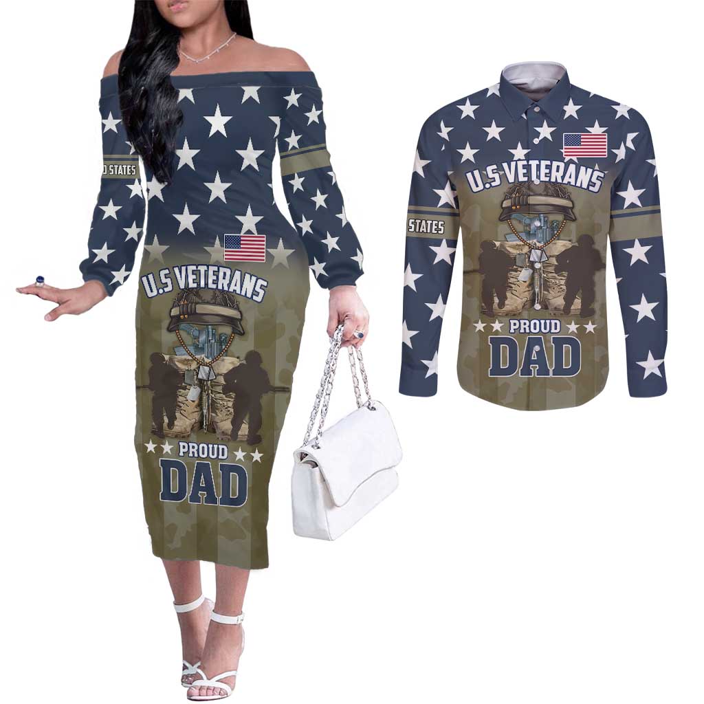 Personalized Veterans Day 2024 Couples Matching Off The Shoulder Long Sleeve Dress and Long Sleeve Button Shirt U.S Veterans Proud Dad