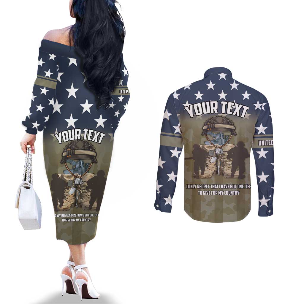 Personalized Veterans Day 2024 Couples Matching Off The Shoulder Long Sleeve Dress and Long Sleeve Button Shirt U.S Veterans Proud Dad