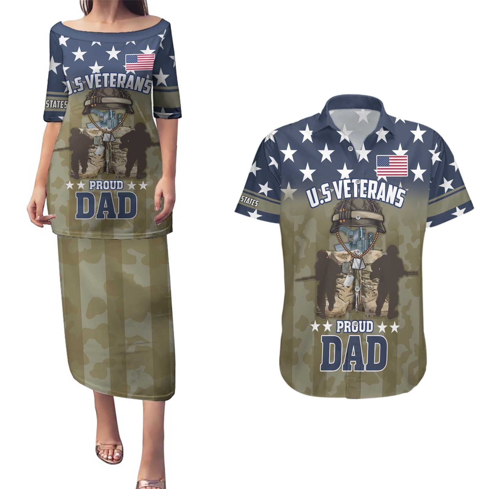 Personalized Veterans Day 2024 Couples Matching Puletasi and Hawaiian Shirt U.S Veterans Proud Dad - Wonder Print Shop