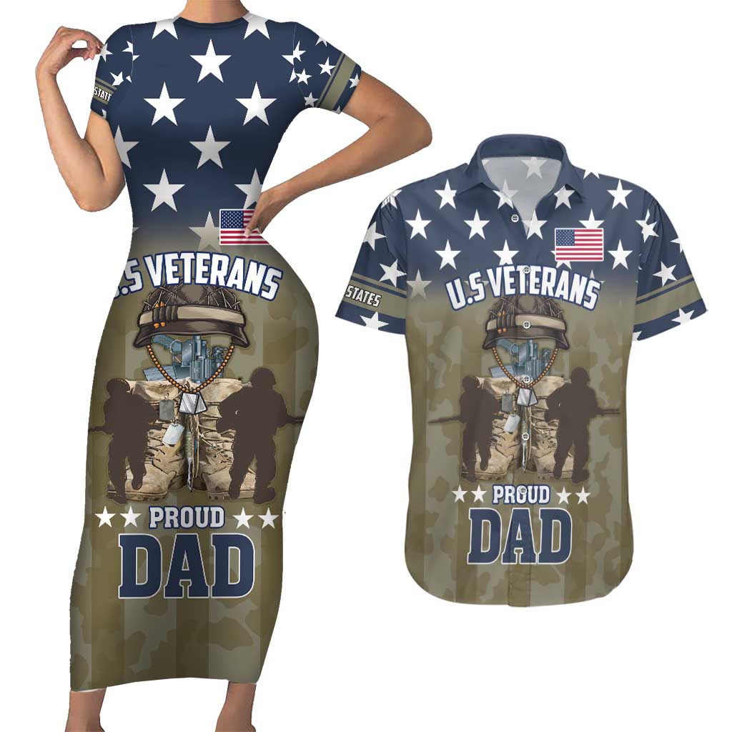 Personalized Veterans Day 2024 Couples Matching Short Sleeve Bodycon Dress and Hawaiian Shirt U.S Veterans Proud Dad - Wonder Print Shop