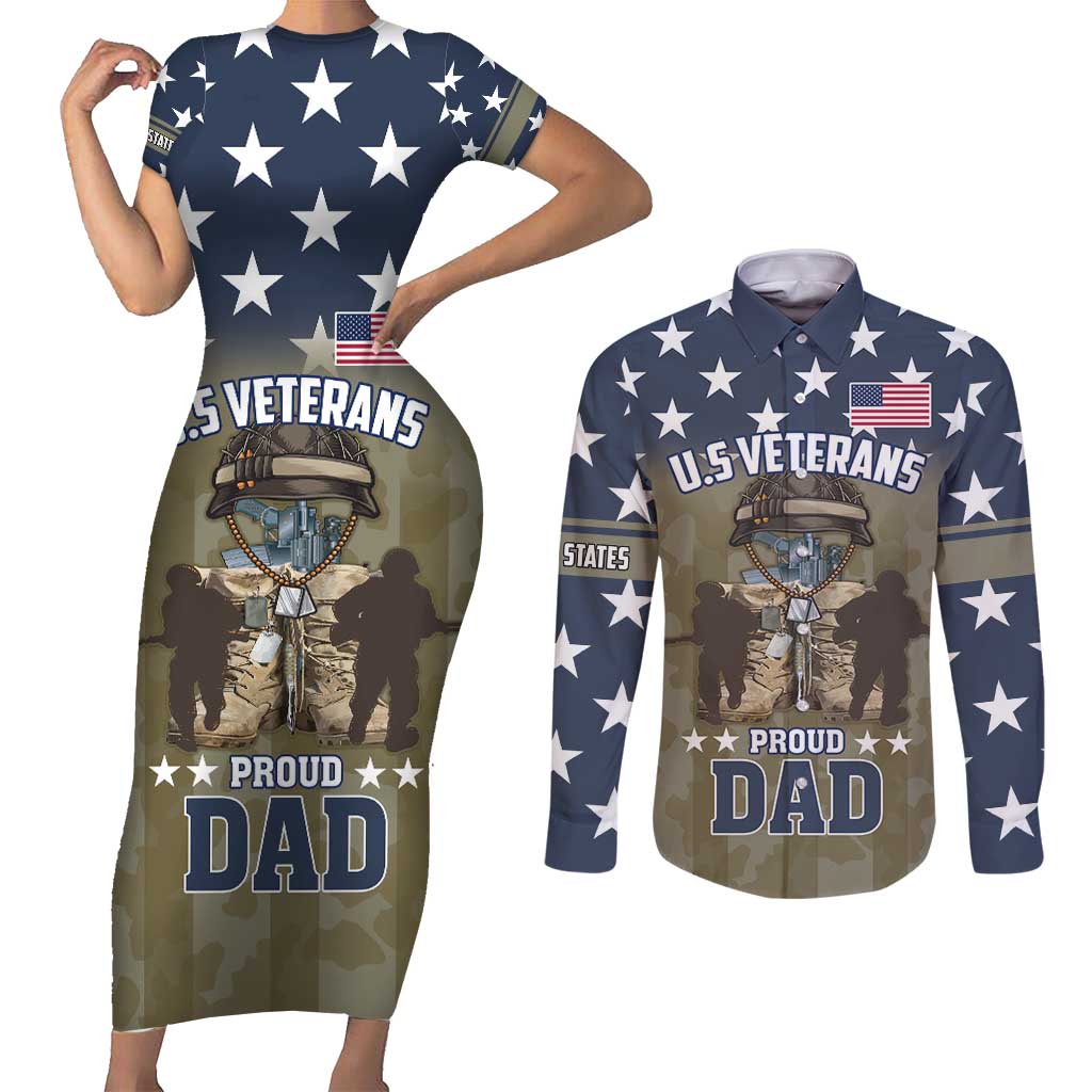 Personalized Veterans Day 2024 Couples Matching Short Sleeve Bodycon Dress and Long Sleeve Button Shirt U.S Veterans Proud Dad - Wonder Print Shop