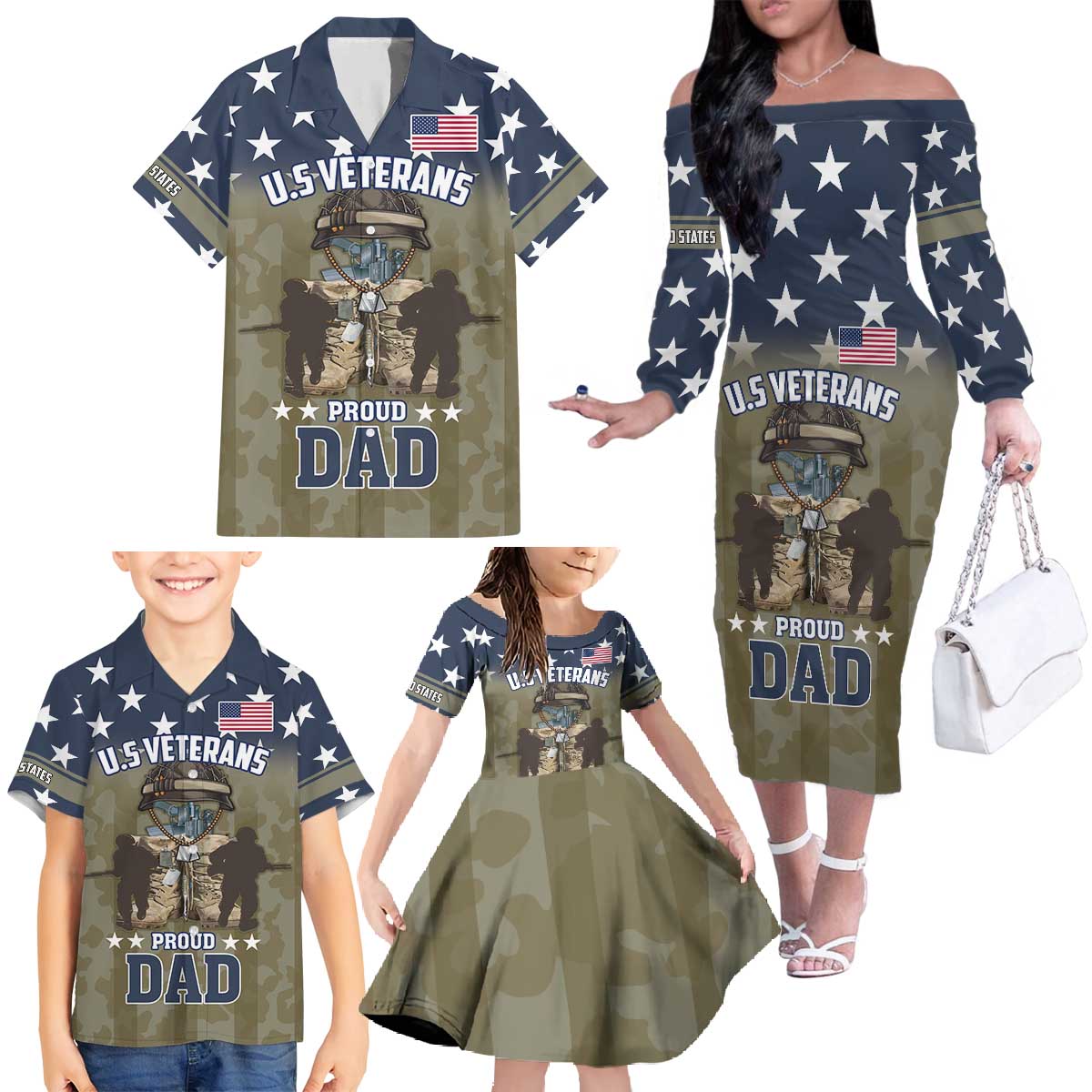 Personalized Veterans Day 2024 Family Matching Off The Shoulder Long Sleeve Dress and Hawaiian Shirt U.S Veterans Proud Dad - Wonder Print Shop