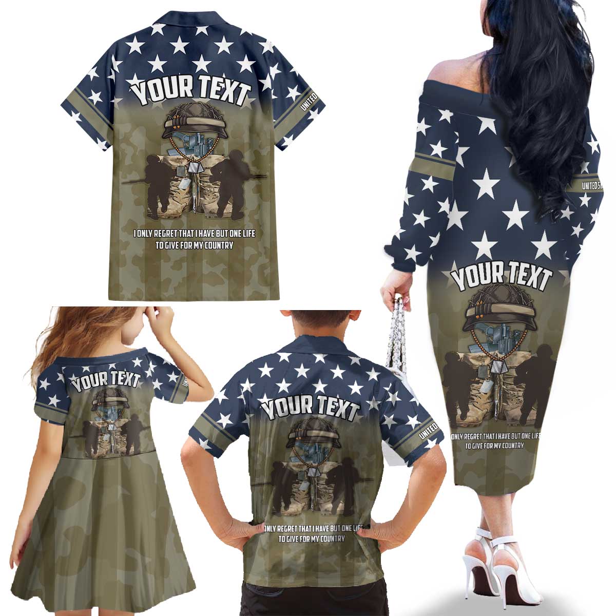 Personalized Veterans Day 2024 Family Matching Off The Shoulder Long Sleeve Dress and Hawaiian Shirt U.S Veterans Proud Dad - Wonder Print Shop