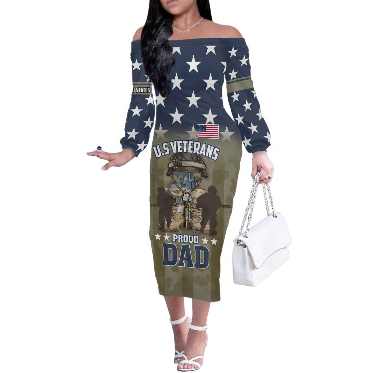 Personalized Veterans Day 2024 Family Matching Off The Shoulder Long Sleeve Dress and Hawaiian Shirt U.S Veterans Proud Dad - Wonder Print Shop