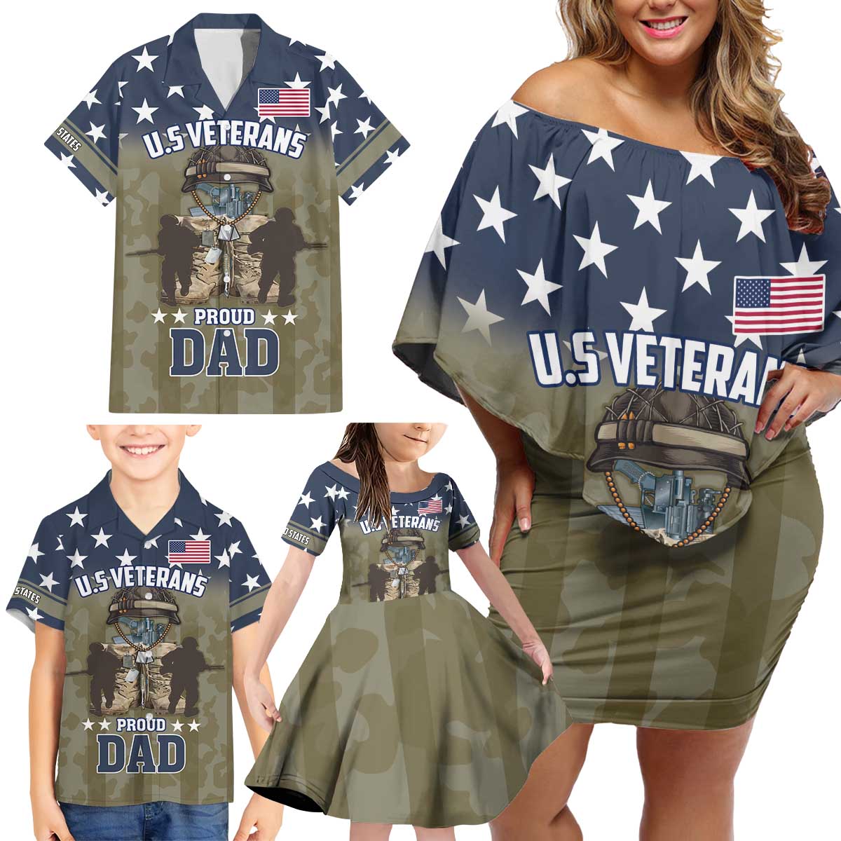 Personalized Veterans Day 2024 Family Matching Off Shoulder Short Dress and Hawaiian Shirt U.S Veterans Proud Dad - Wonder Print Shop