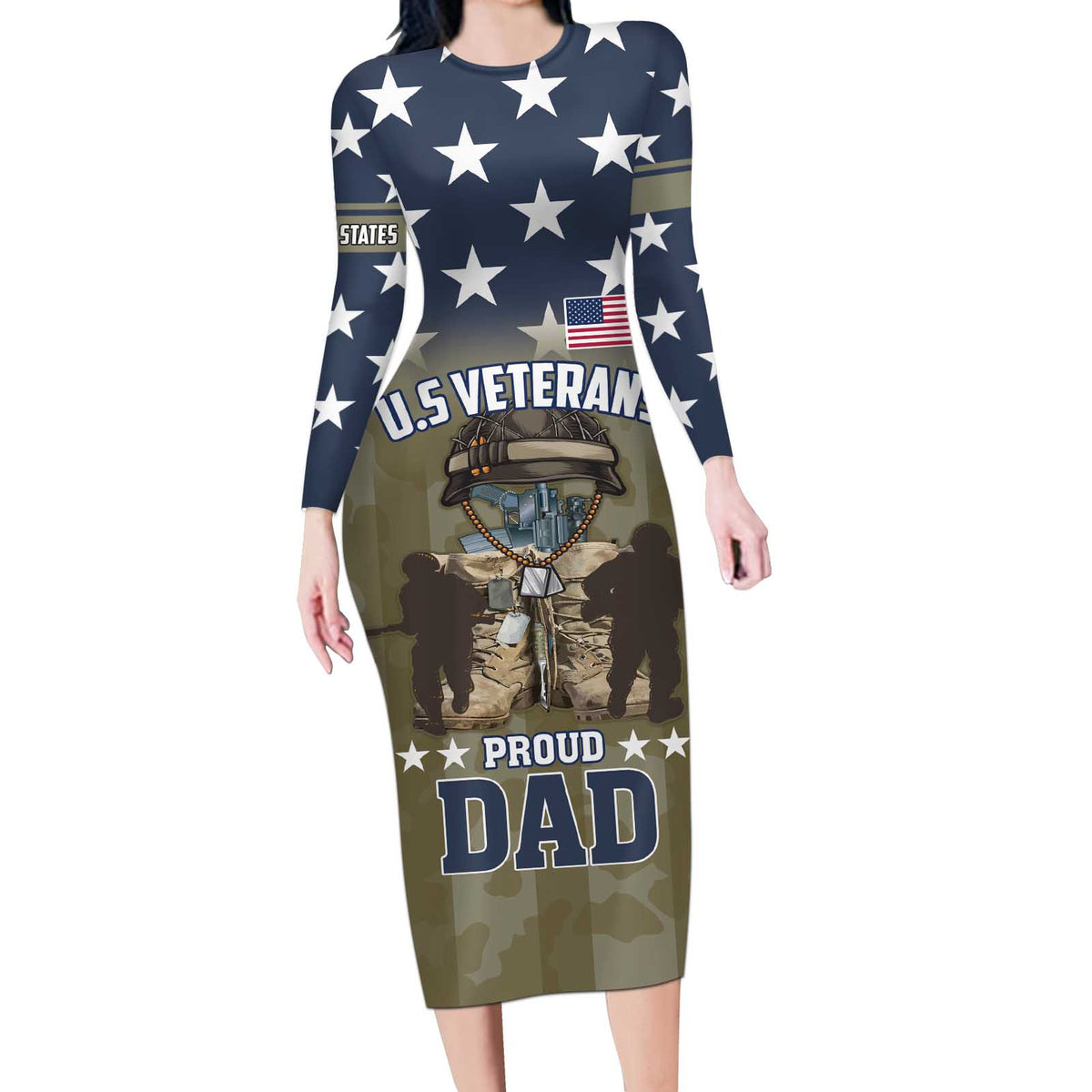 Personalized Veterans Day 2024 Long Sleeve Bodycon Dress U.S Veterans Proud Dad - Wonder Print Shop