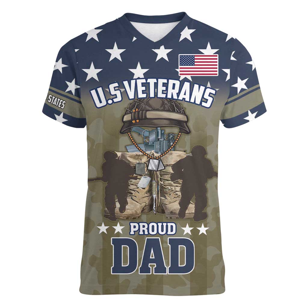 Personalized Veterans Day 2024 Women V-Neck T-Shirt U.S Veterans Proud Dad - Wonder Print Shop