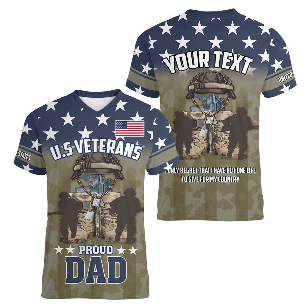 Personalized Veterans Day 2024 Women V-Neck T-Shirt U.S Veterans Proud Dad - Wonder Print Shop