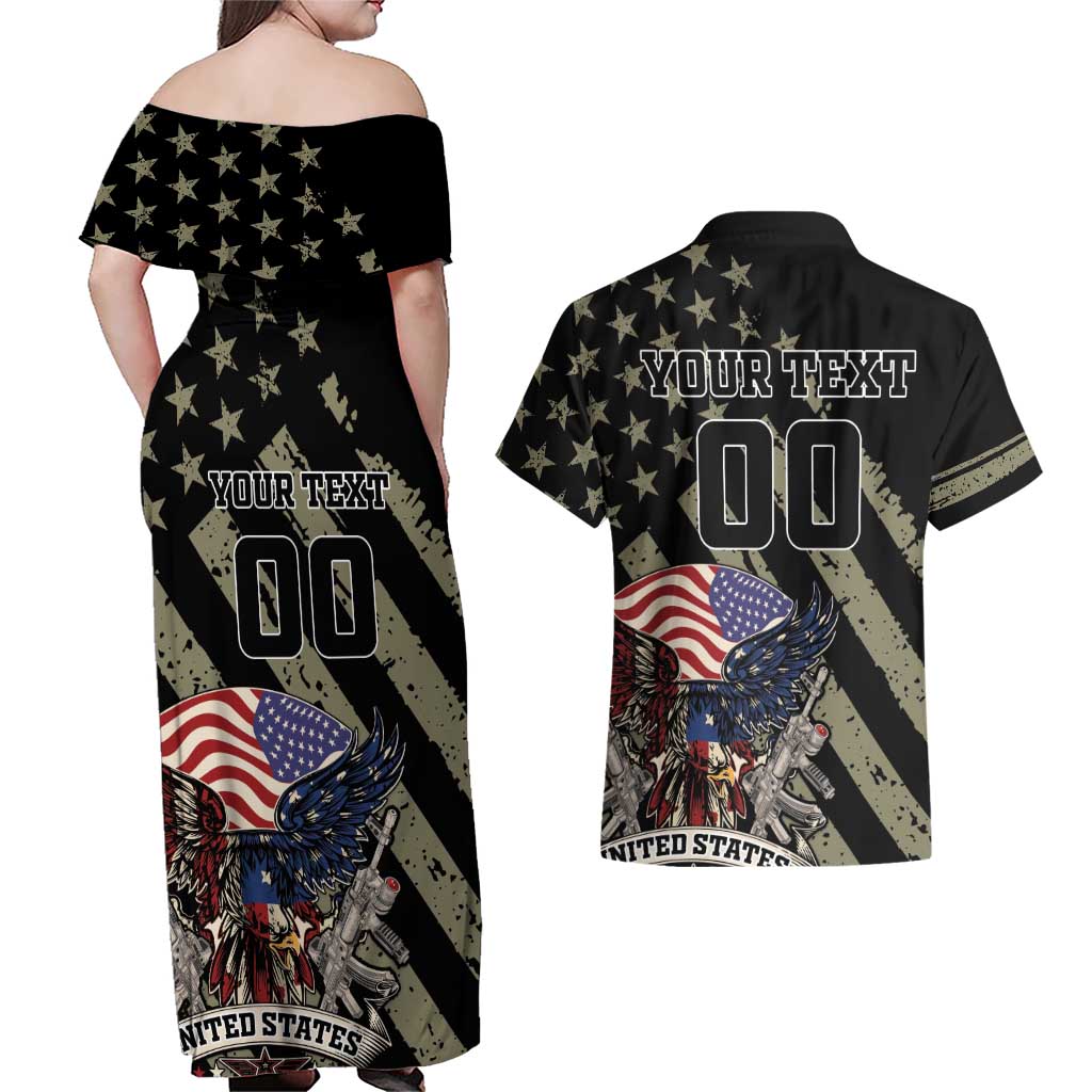 Custom Remembrance Day Couples Matching Off Shoulder Maxi Dress and Hawaiian Shirt American Eagle With USA Flags - Wonder Print Shop