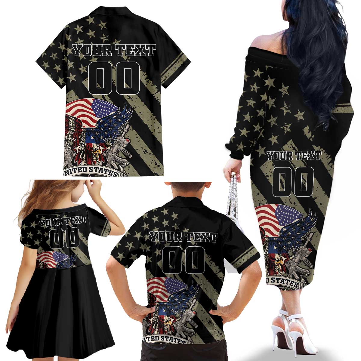 Custom Remembrance Day Family Matching Off The Shoulder Long Sleeve Dress and Hawaiian Shirt American Eagle With USA Flags - Wonder Print Shop