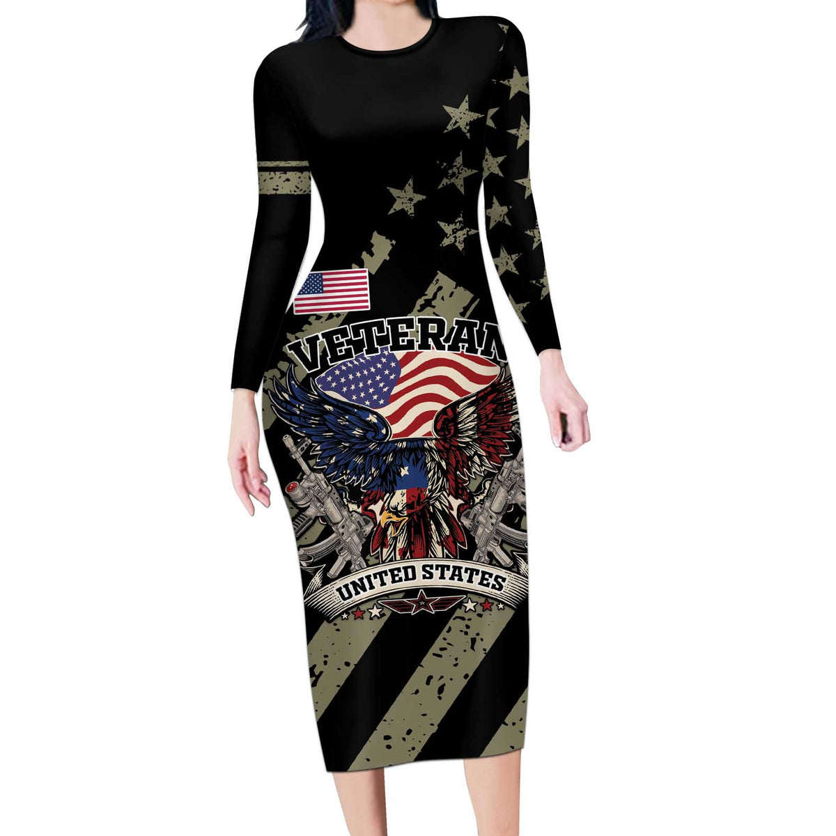Custom Remembrance Day Long Sleeve Bodycon Dress American Eagle With USA Flags - Wonder Print Shop