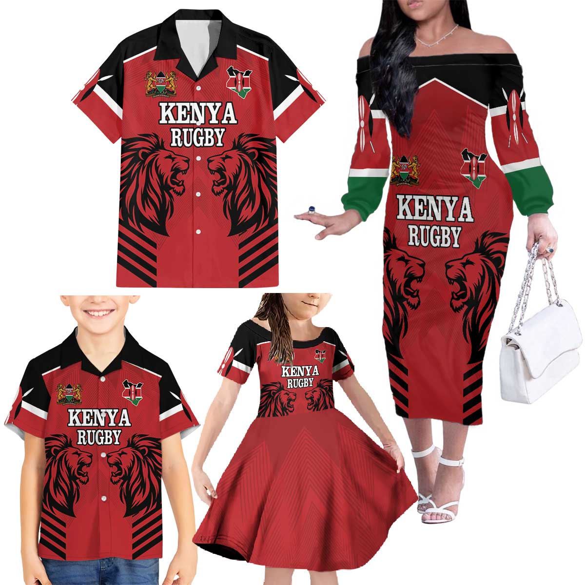 Custom Kenya Rugby Family Matching Off The Shoulder Long Sleeve Dress and Hawaiian Shirt African Lion Unique Style - Wonder Print Shop