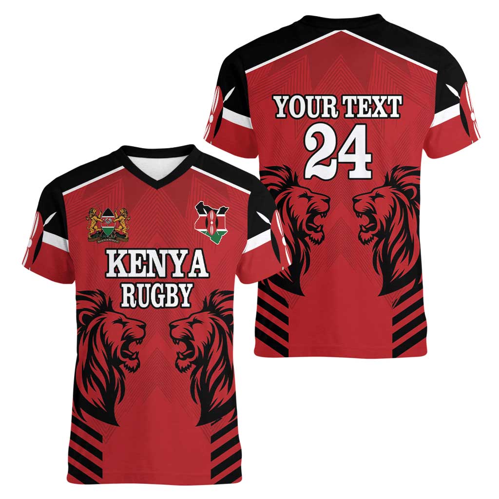 Custom Kenya Rugby Women V-Neck T-Shirt African Lion Unique Style - Wonder Print Shop